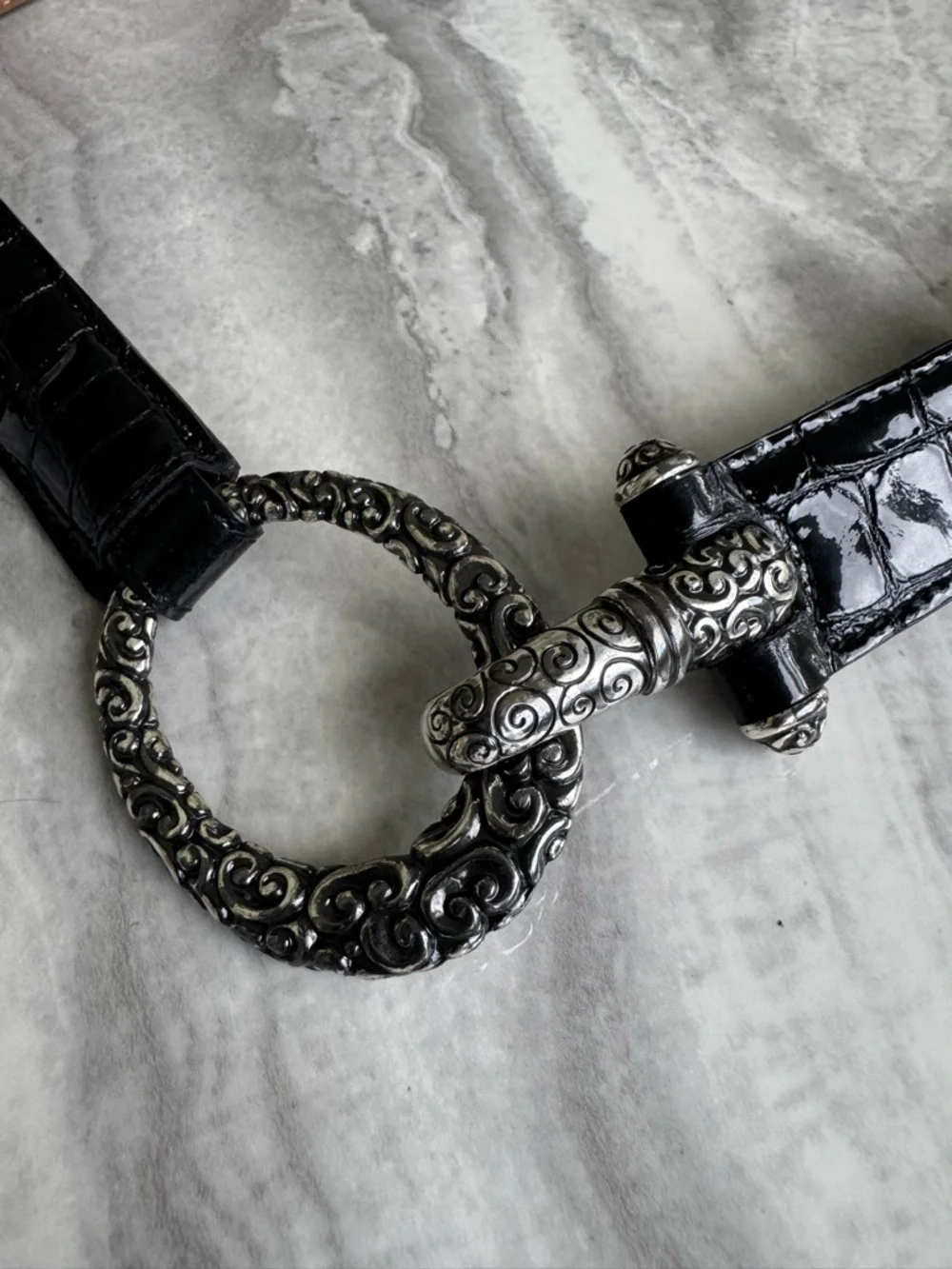 Brighton Black Croc Embossed Leather Ornate Link Belt - Size 38 - Picture 11 of 11